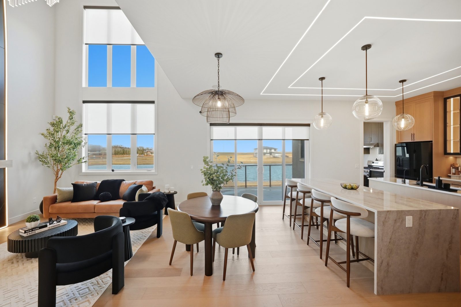 Dining and kitchen island with views