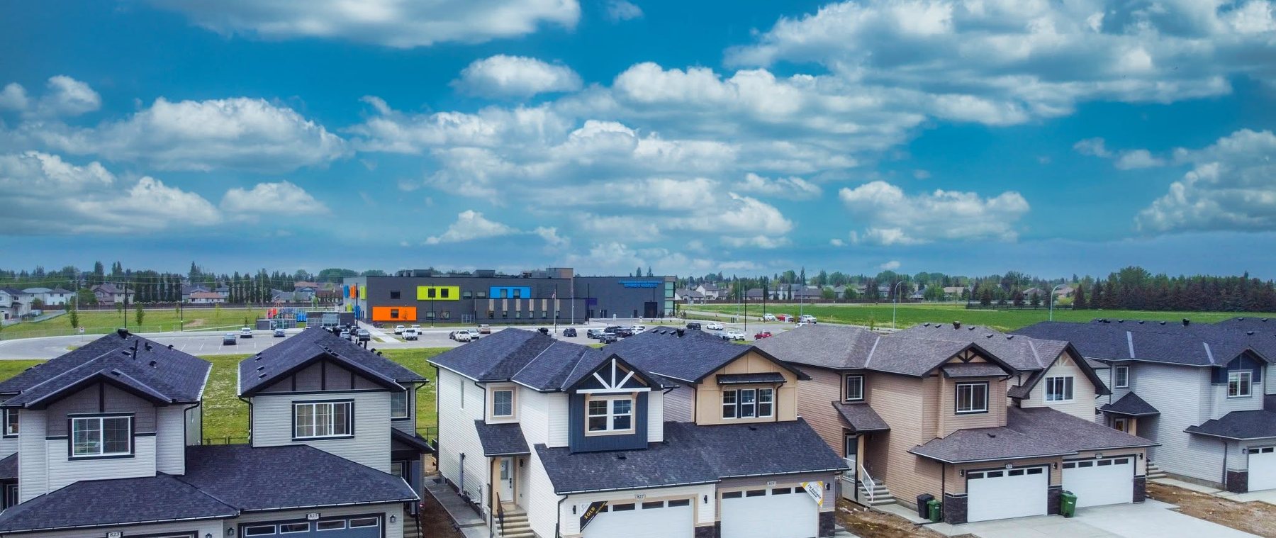 Aerial view of Edgefield homes with the school and green space, Strathmore