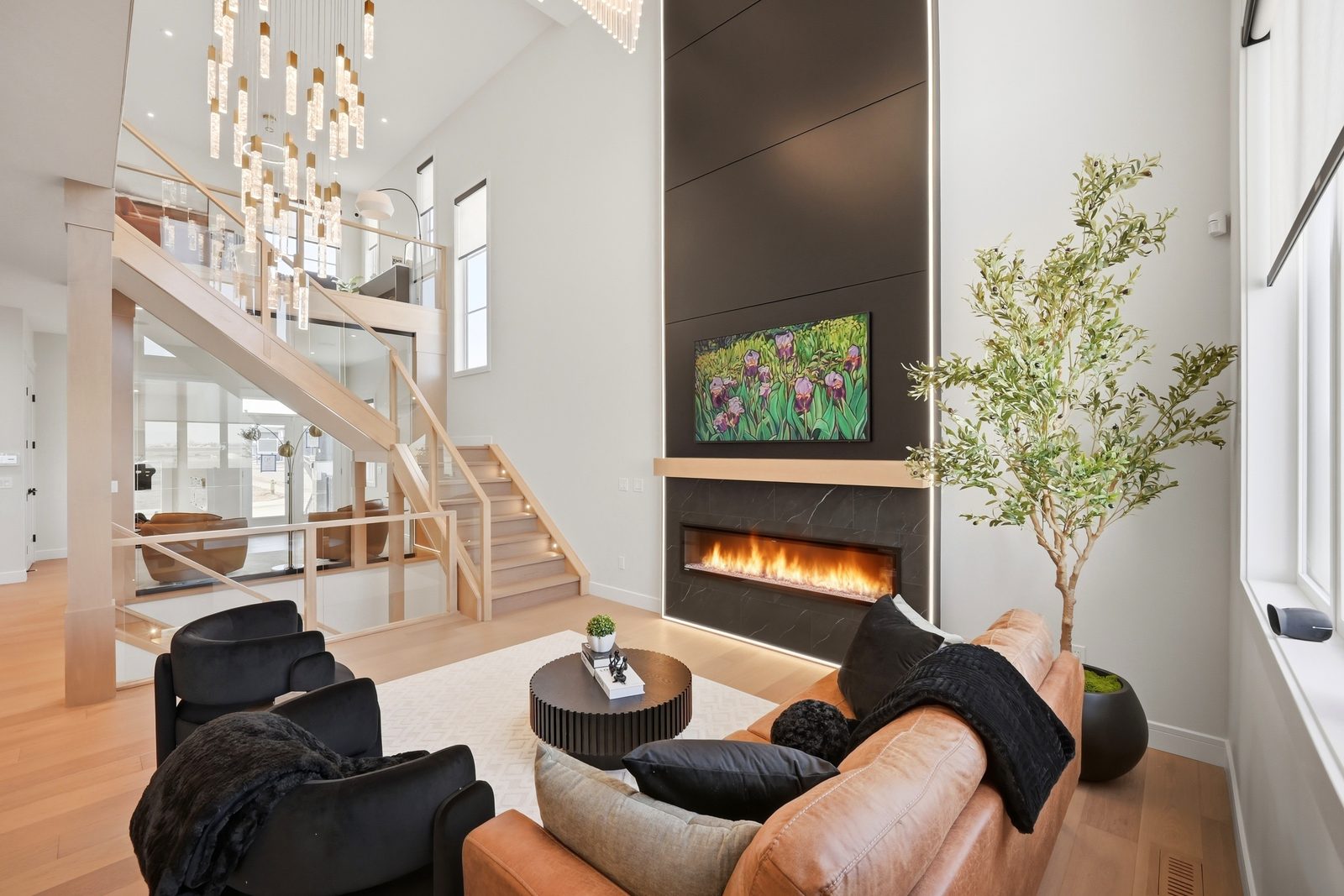 Great room with floor-to-ceiling fireplace